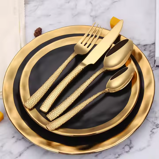 ELiTA ESSENTIALS Luxury 24-Piece Hammered Gold Flatware Set | Premium 304 Stainless Steel | Service for 6