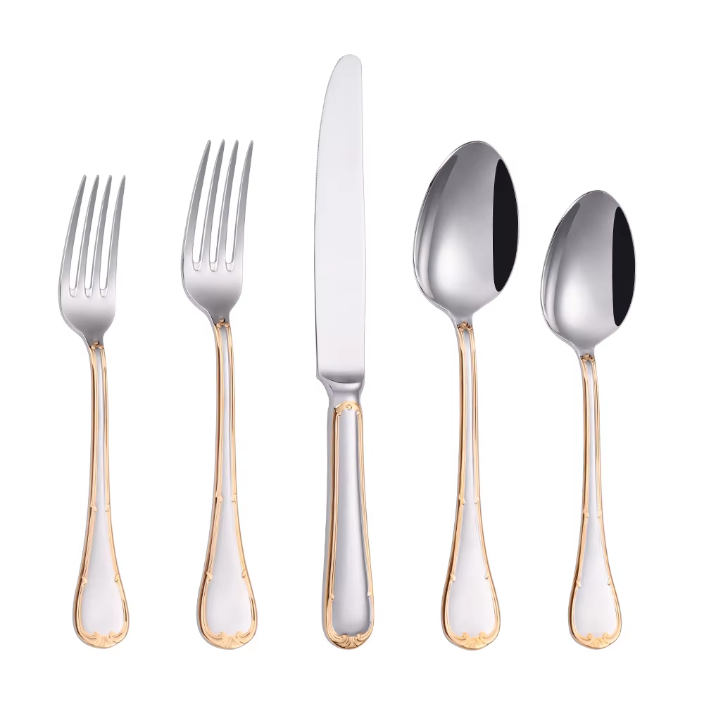 SARANDA 20-Piece Flatware Set – 18/10 Stainless Steel, Silver with Gold Trim