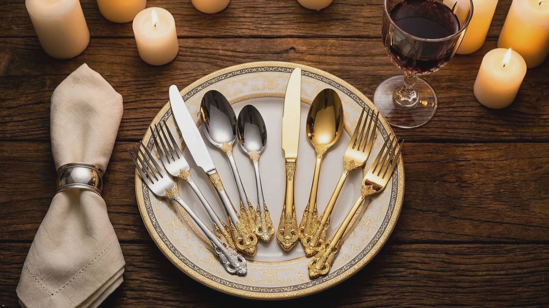 Load video: ELiTA Essentials luxury flatware set displayed on an elegant dining table